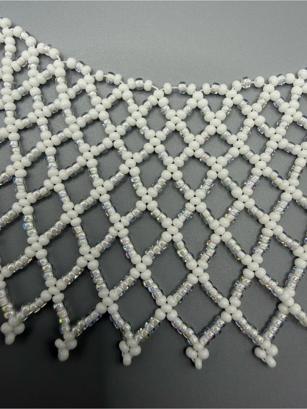 White Beaded Net Collar Necklace with Matching Drop Earrings